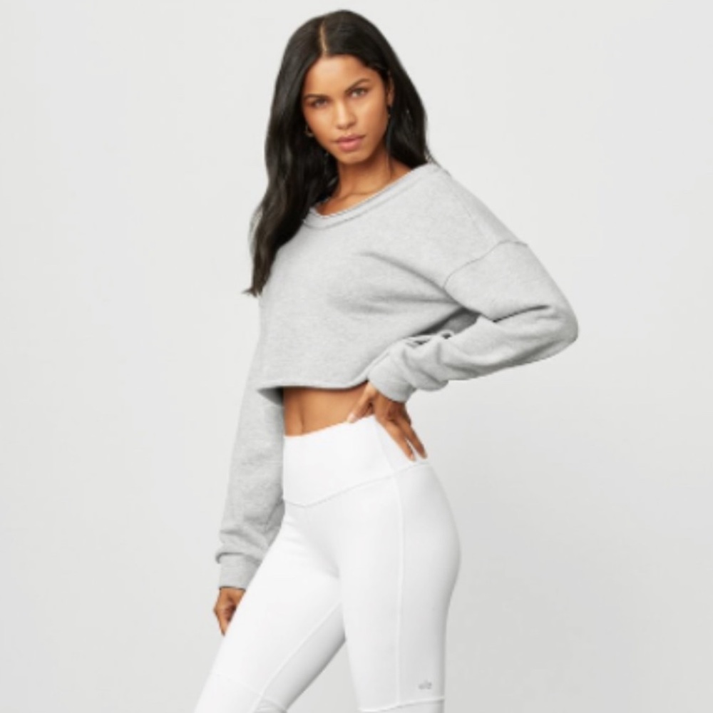 ALO Yoga Prima Off The Shoulder Pullover Dove Grey - Picture 1 of 9